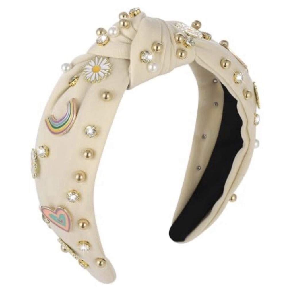 Pearl Knotted Bejeweled Heart Daisy Rainbow Charm Cream Headband NWOT